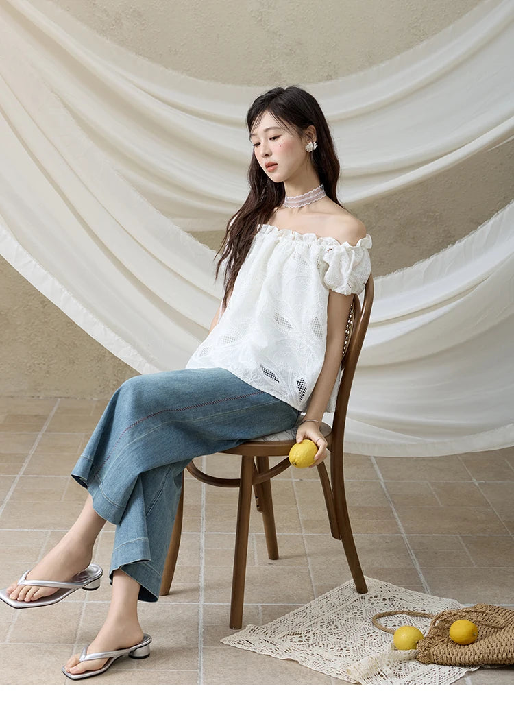 MISHOW French Summer Shirts Women New 2025 Slash Neck Short Sleeve Solid Lace Blouses Female Fashion Slim Tops Lady MXE35X1775