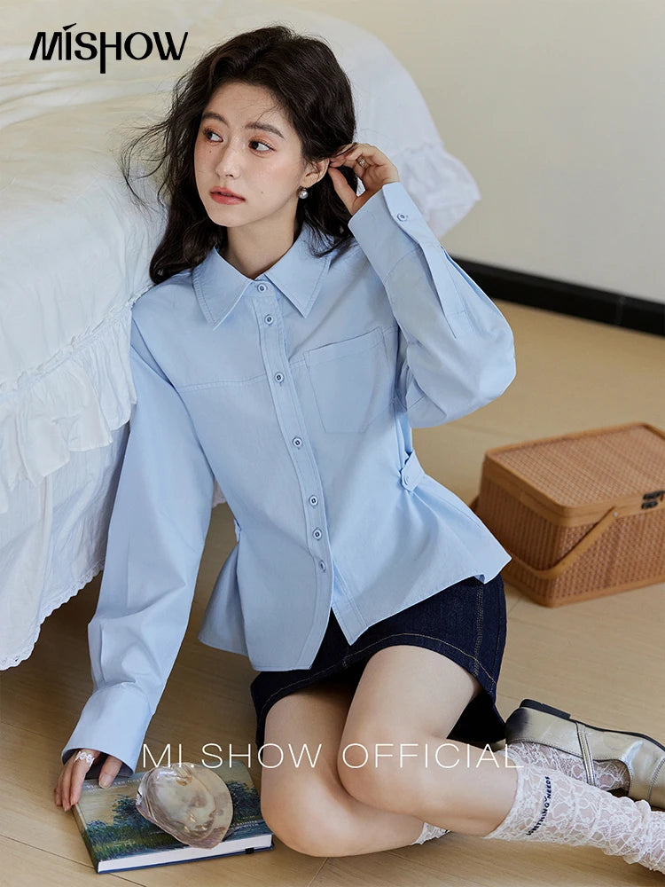 MISHOW Women's French Blue Shirt Long Sleeve 2025 Spring Polo Collar Waist Pocket Versatile Shirt Single Breasted Top MXE14C0753