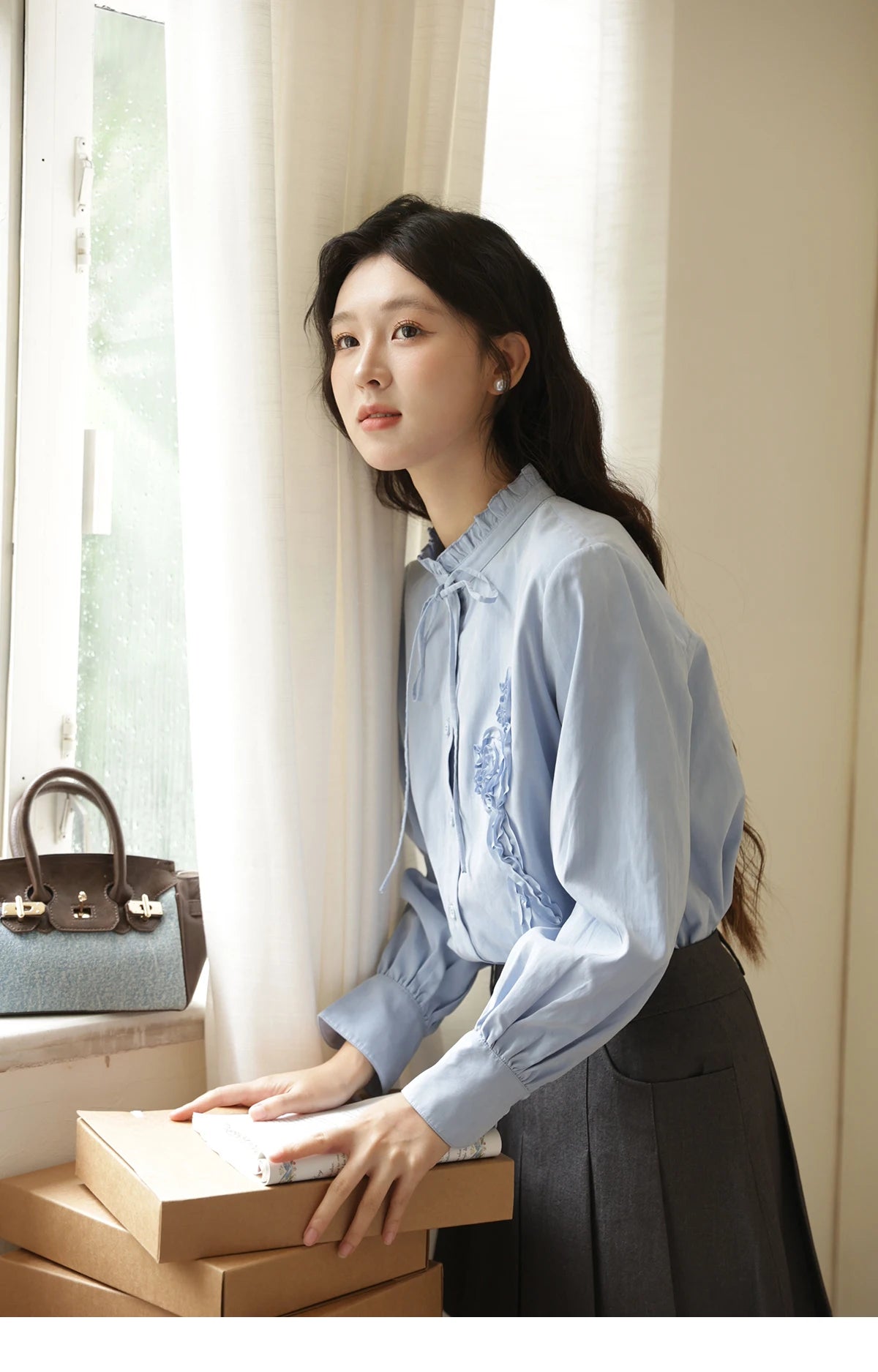 MISHOW Coiled Flowers Embroidered Blue Shirt for Women Autumn 2025 Stand Neck Lace-up Brushed Shirts Office Lady MXE44C2398