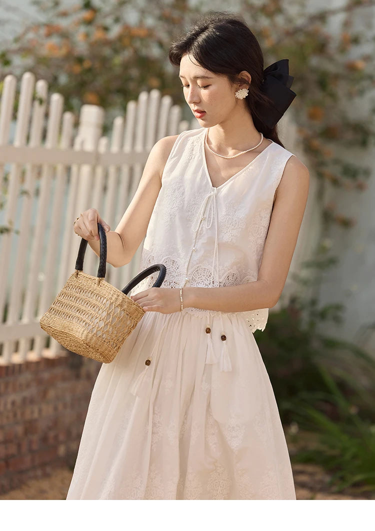 MISHOW 2 Pieces Set Woman Embroidery V-neck Hollow Lace Up Sleeveless Top Summer 2025 Slim Elastic Waist Skirt Set MXE33T0593