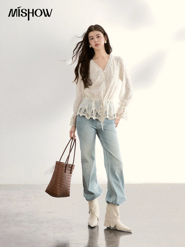 MISHOW Women's Lace V Neck Long Sleeve Shirts 2026 Spring Drawstring Waist Ruffled Hem Casual Loose Apricot Blouse MXF108X0998