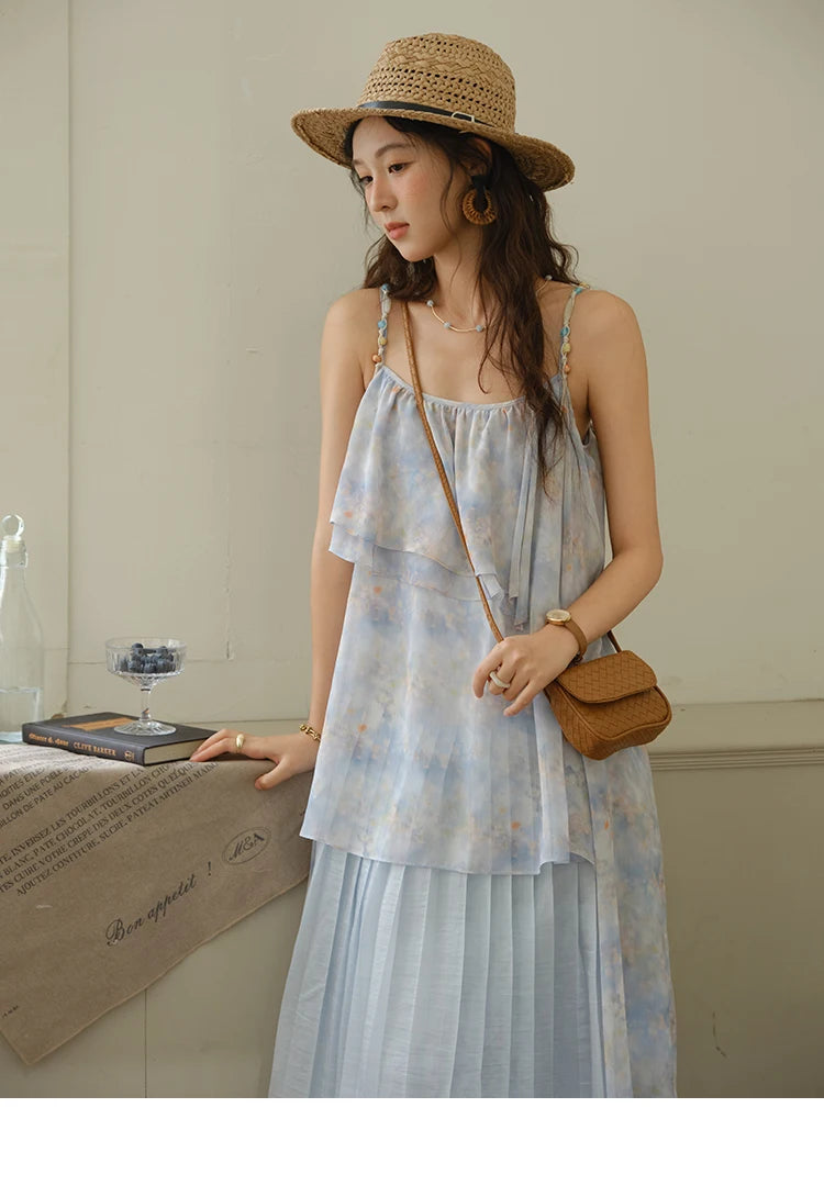 MISHOW Fashion Print Strap Dress for Women 2025 Summer New Multi Layer Ruffle Edge Splicing Sleeveless Midi Dresses MXE35L2233