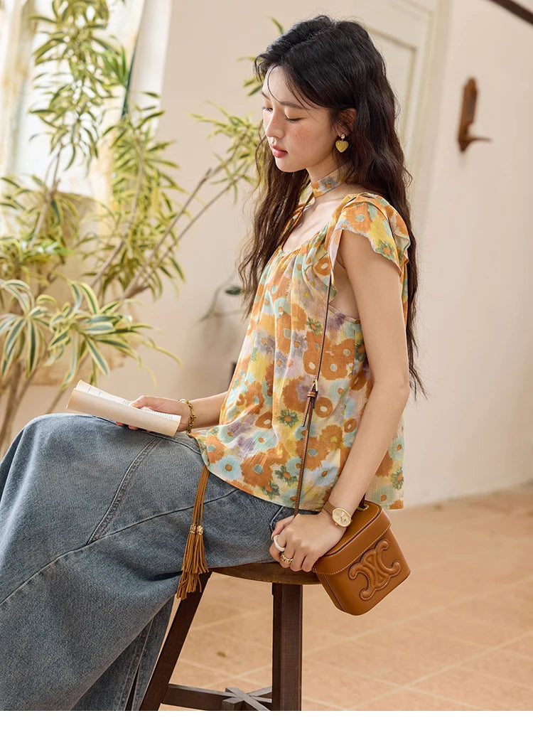 MISHOW 100 Cotton Citrus Oil Painting Printed blouse for Women 2025 Summer Vacation Korean Flying Sleeve Casual Top MXE36X1872