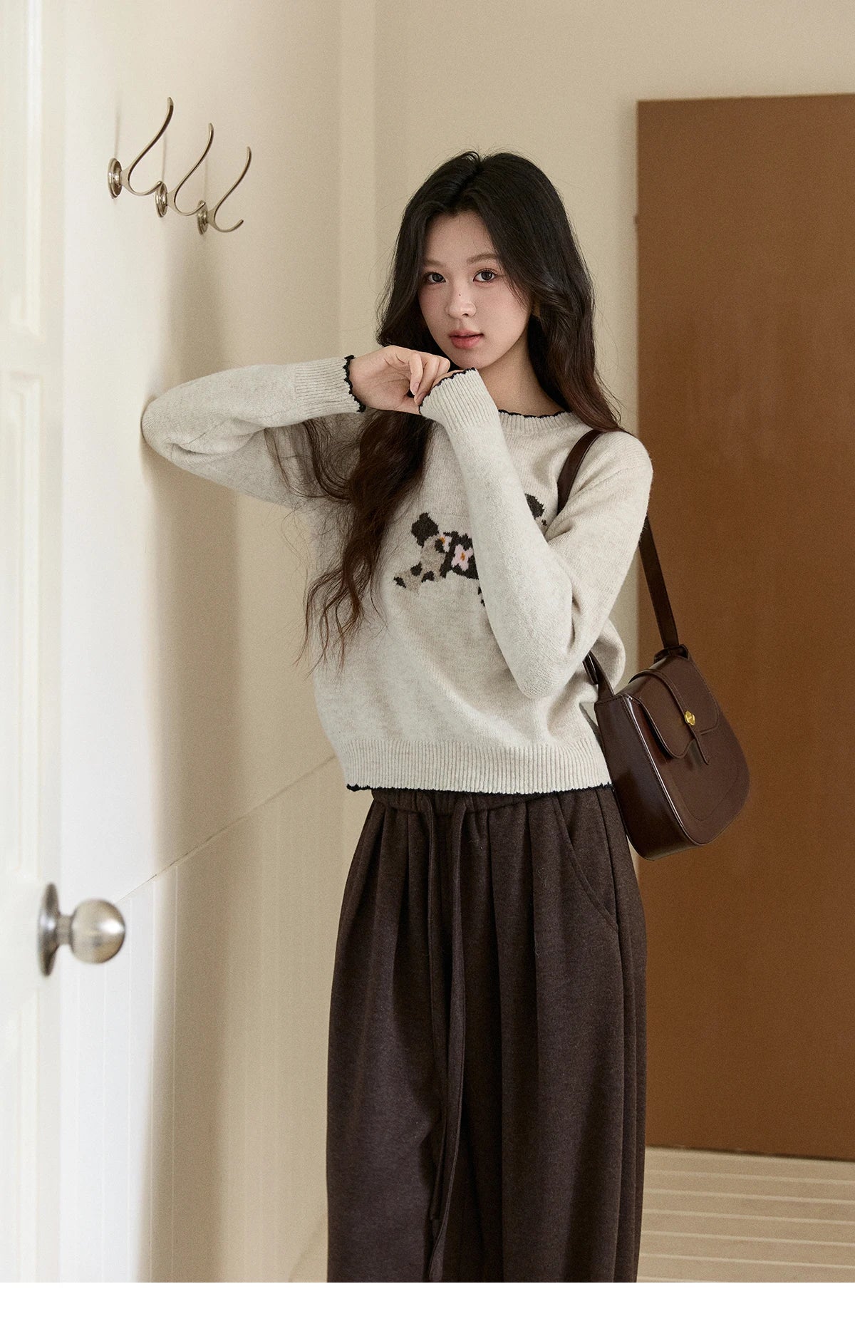 MISHOW Women's Burgundy Knitted Sweater 2025 Winter Poodle Pattern Ruffled Trim Crew Neck Sweater Warm Pullover Tops MXE93Z2949