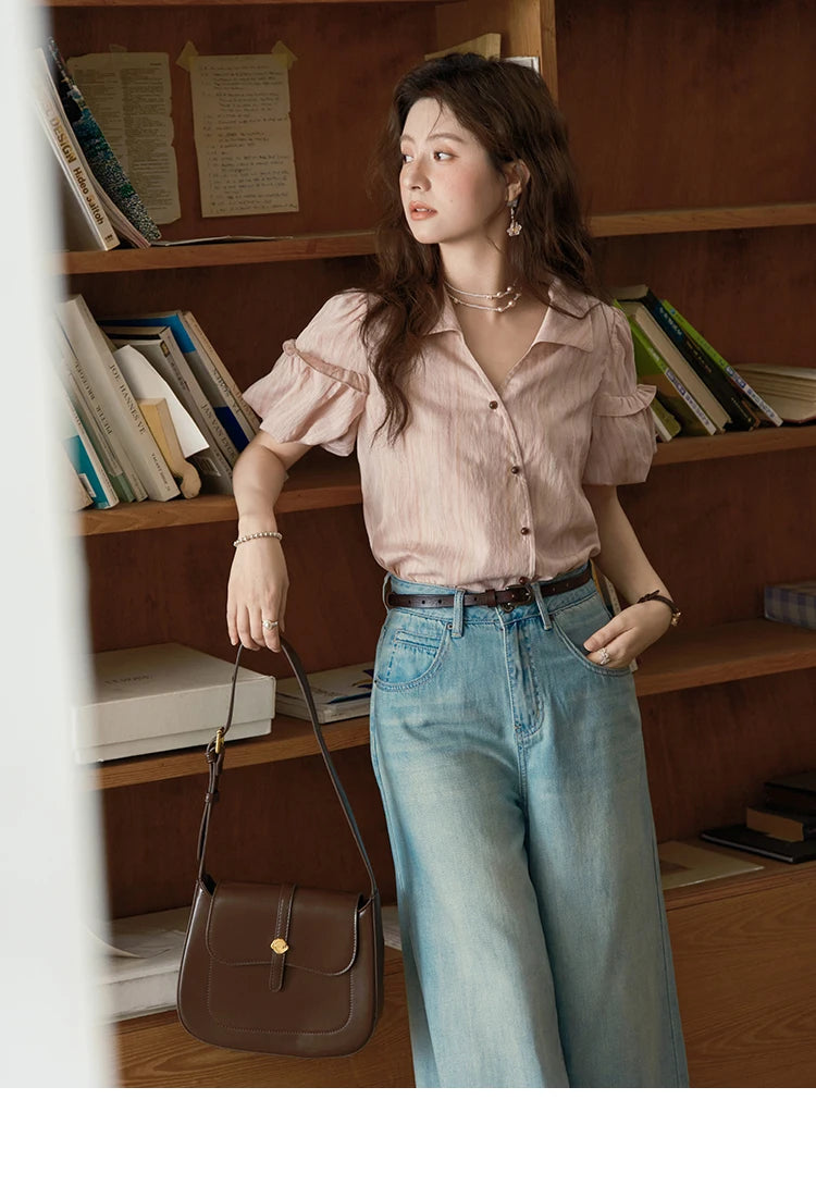 MISHOW Ladies Fashion Puff Sleeve Striped Shirt 2025 Summer New Commute Retro Turn-down Collar Top Women's Clothing MXE37C0808