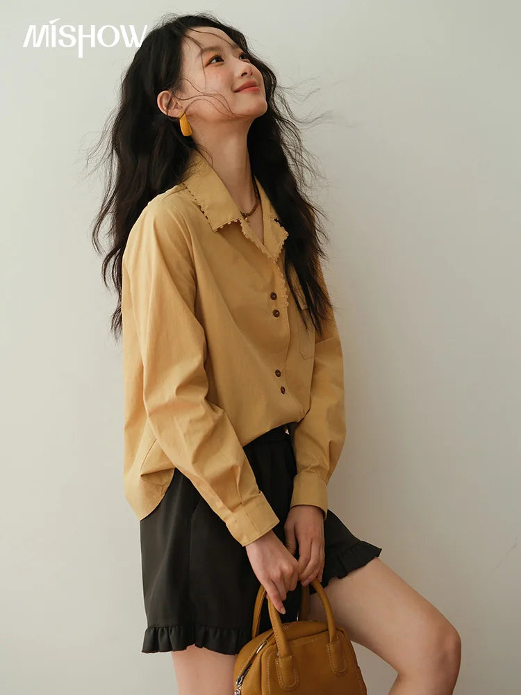 MISHOW Women's Retro Yellow Lapel Cotton Shirt 2025 Autumn Loose Casual Top Contrasting Button with Pocket Shirts MXE41C2356