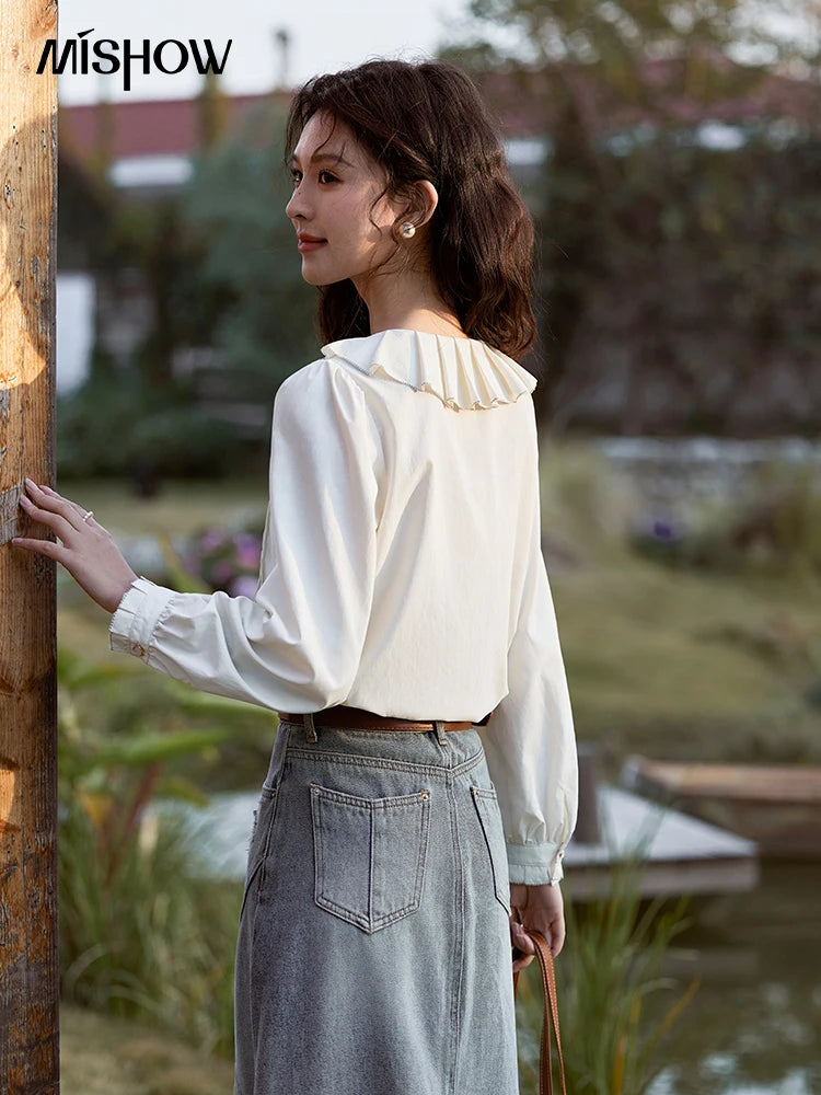 MISHOW French Tucker Pleats Doll Neck Shirt for Women 2025 Spring Straight Shirt Ruffled O Neck Shirts Office Lady MXE12C0401