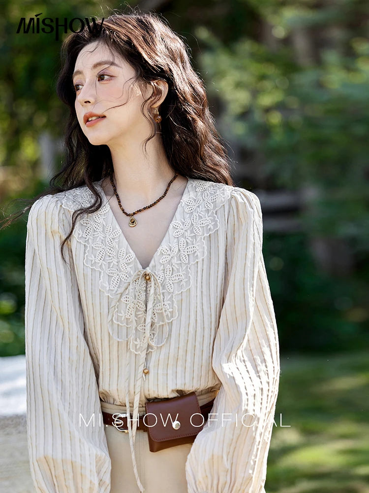 MISHOW French Retro V-neck Lace-up Striped Shirt for Women Spring 2025 Embroidered Lace Long Sleeve Top Casual Shirts MXE12X1715