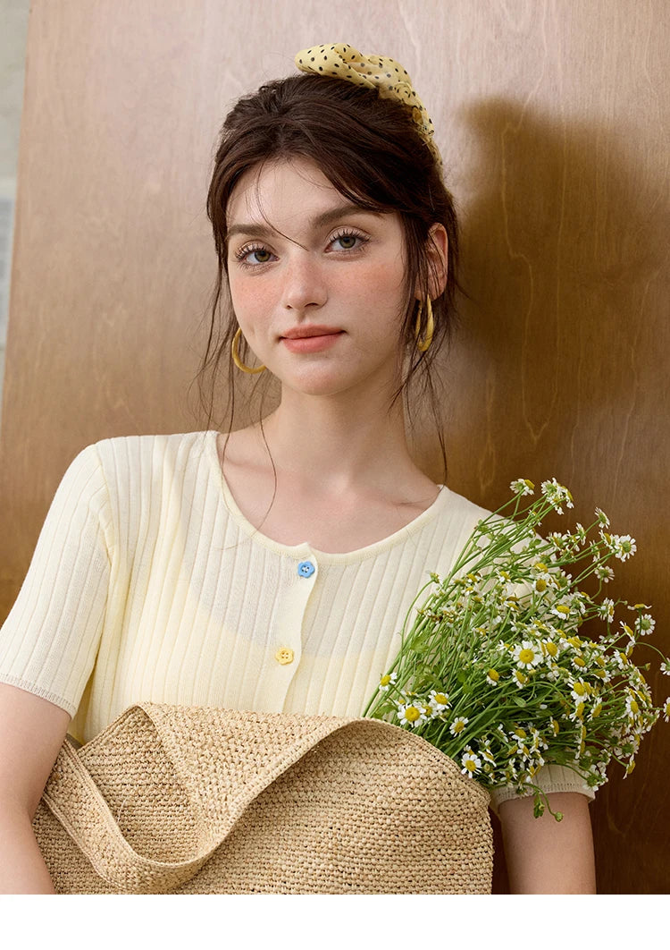 MISHOW Casual Summer Cardigan Women 2025 Short Sleeve Round Neck Solid Thin Knitted Pullovers Female Slimming Tops MXE34Z1268