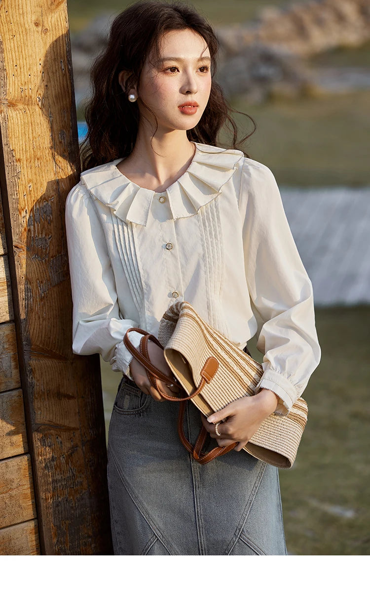 MISHOW French Tucker Pleats Doll Neck Shirt for Women 2025 Spring Straight Shirt Ruffled O Neck Shirts Office Lady MXE12C0401