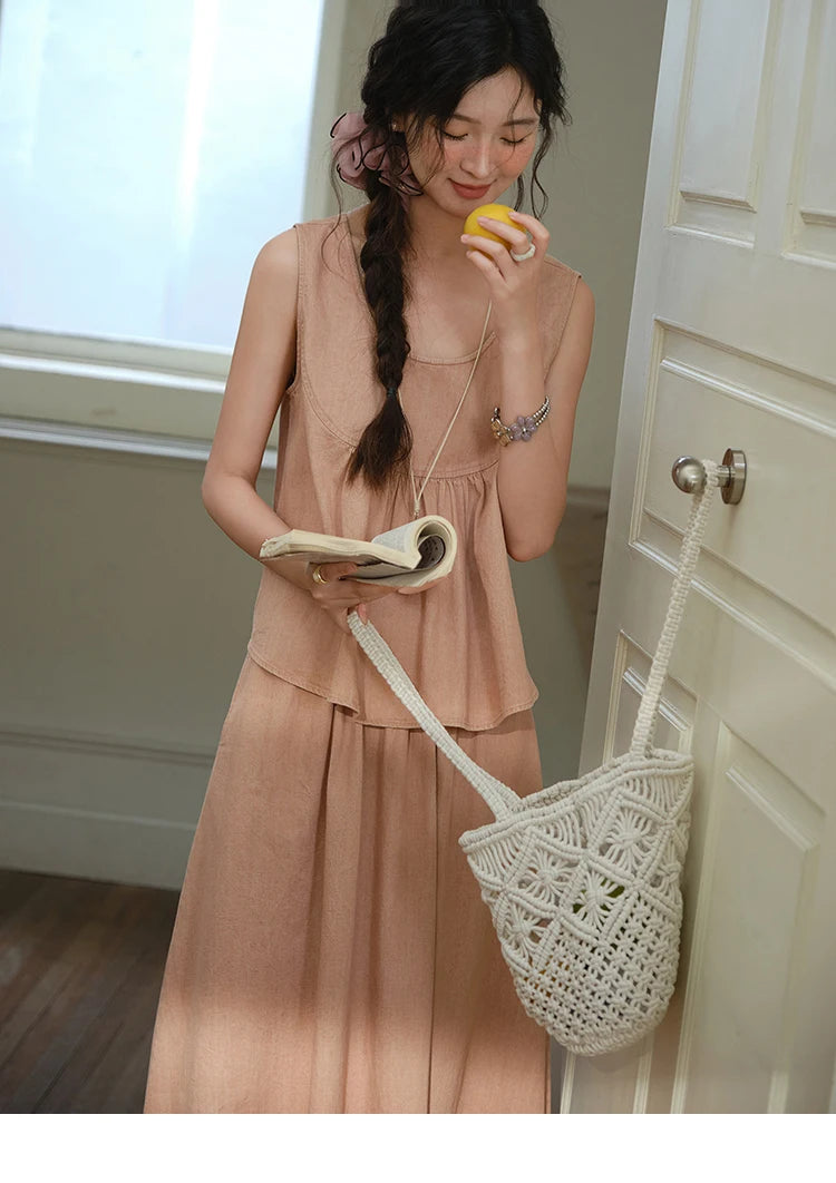 MISHOW Ladies 2 Pieces Set 2025 Summer New U-shaped Collar Sleeveless Top Fashion A-line Skirt Set Women's Clothing MXE35T0606