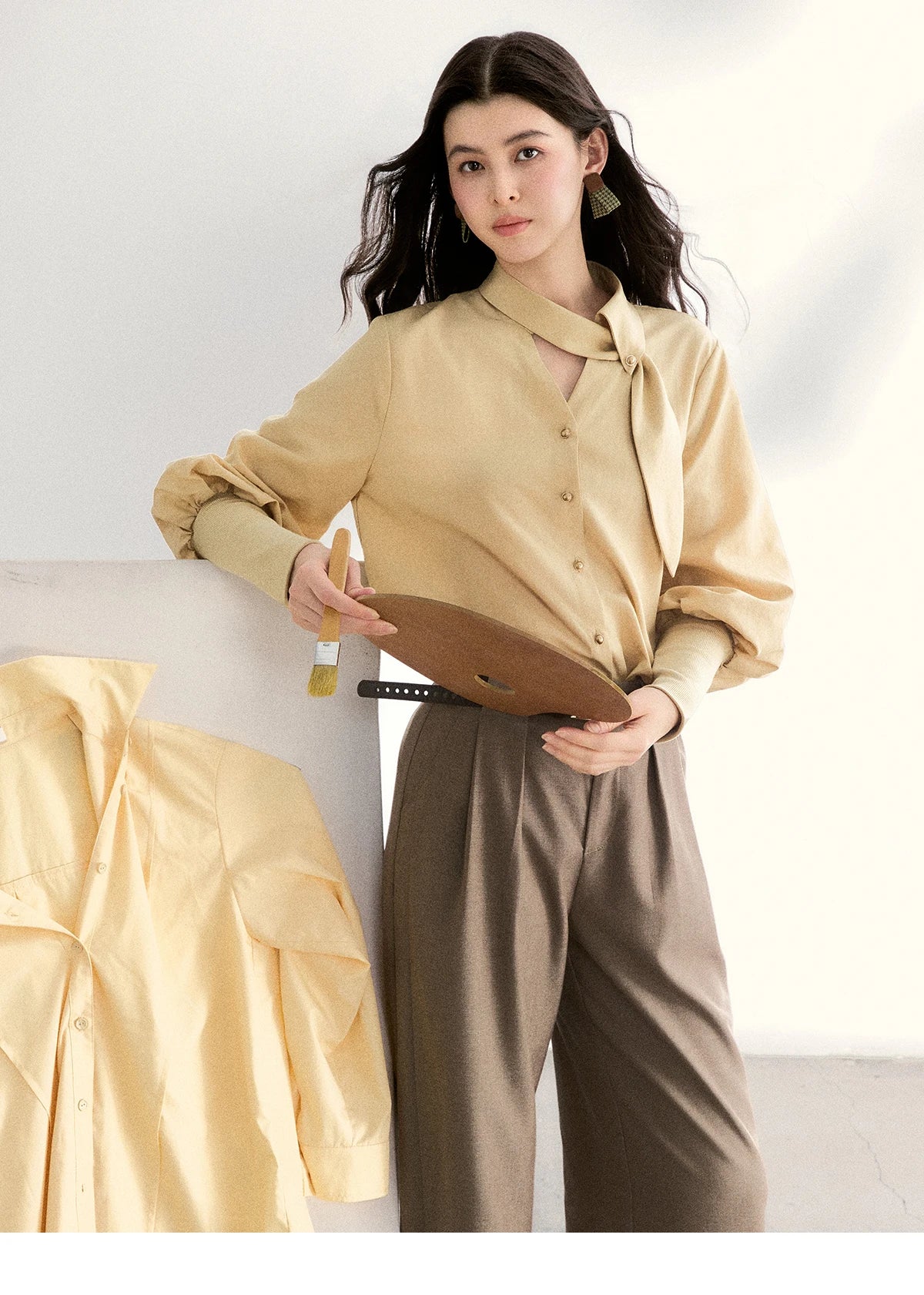 MISHOW Women's Tie Neck Shirts Spring Hollow-out Knitted Patchwork Puff Sleeve Tops Casual Elegant Shirt Office Lady MXF108C0812