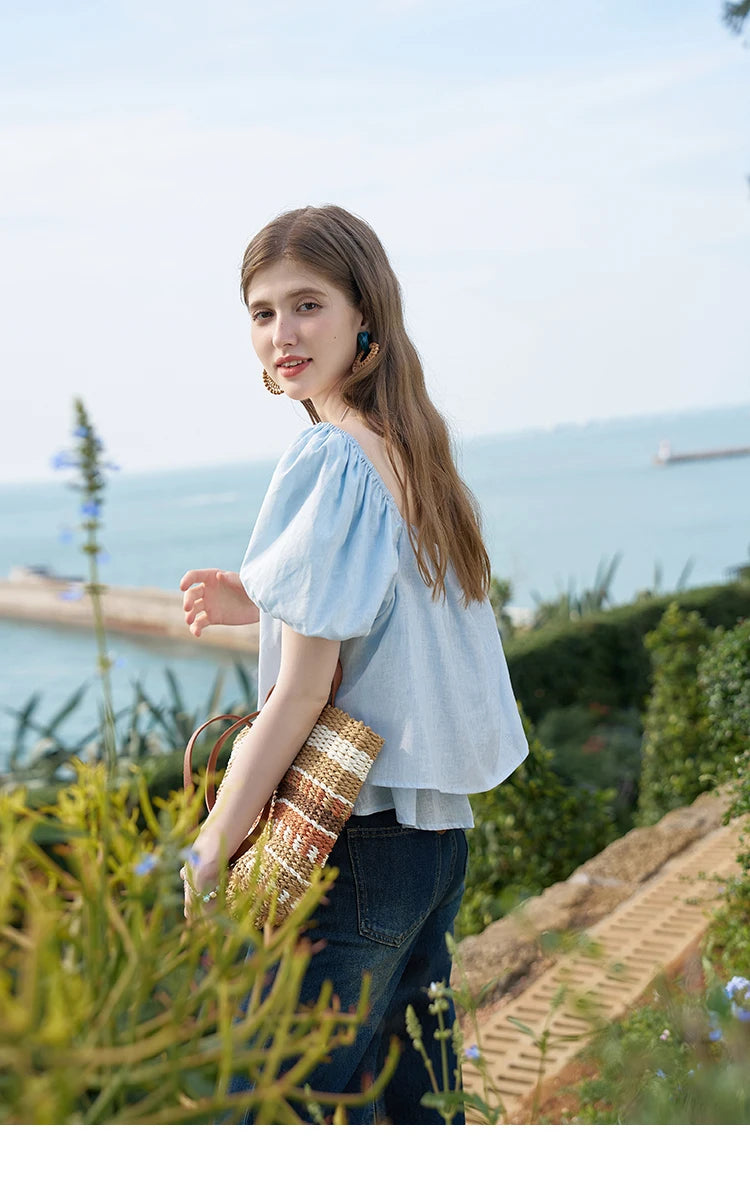 MISHOW French Square Neck Tied Lantern Sleeve Blouses 2025 Summer Double Layered Hem Puff Sleeve Solid Sweet Tops MXD26X1551