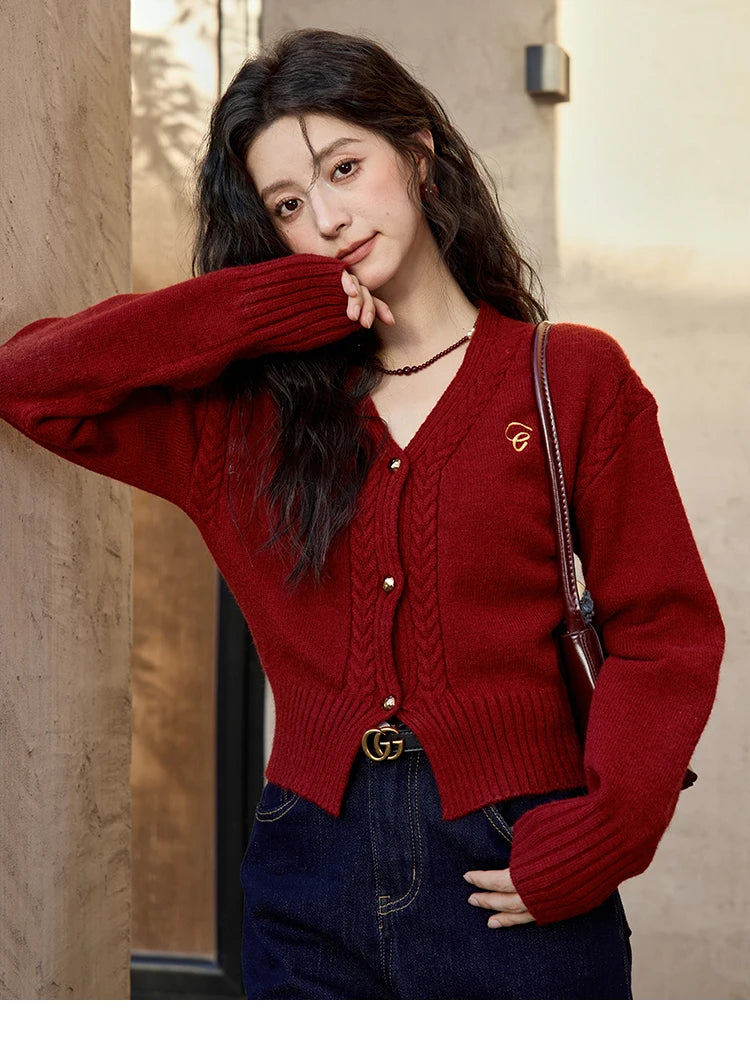 MISHOW Elegant V-neck Sweater Women's Long-sleeved Knitted Jacket 2025 Fall Winter New Korean Vintage Short Cardigan MXD48Z0848