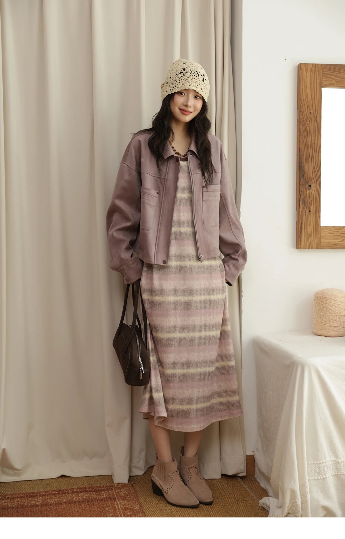 MISMHOW Taro Purple Leather Jacket Autumn 2025 Contrasting Splic Short Jackets Symmetrical Double-layer Pocket Coat MXE44W0816