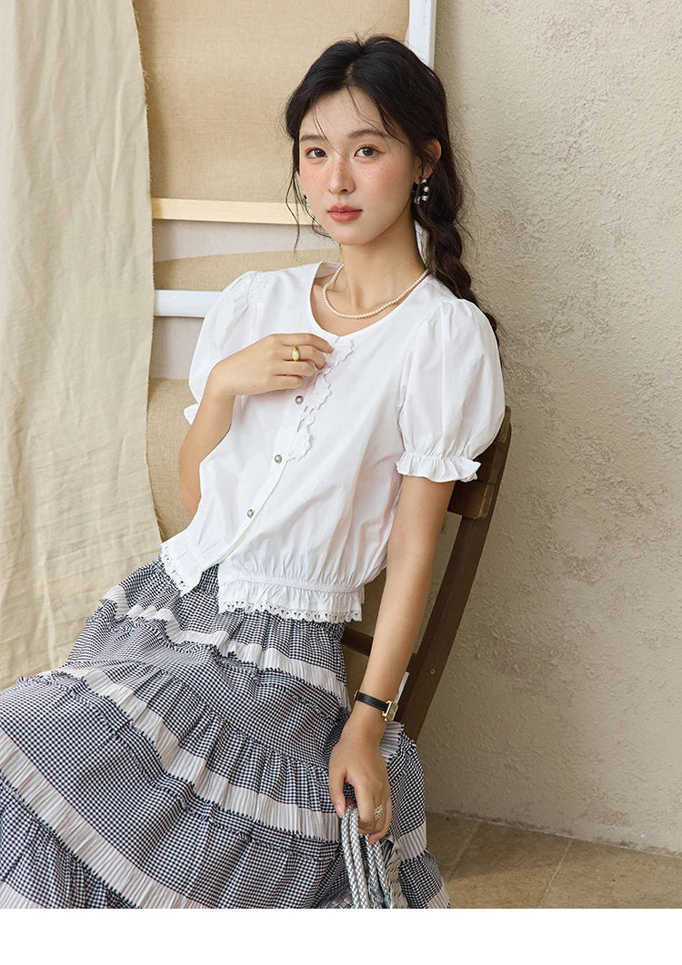 MISHOW Sweet Lace Pufff Sleeve Shirt Summer 2025 Flower Single Breasted Buttons Short Shirts Hem Elastic Waist Tops MXE34X1820