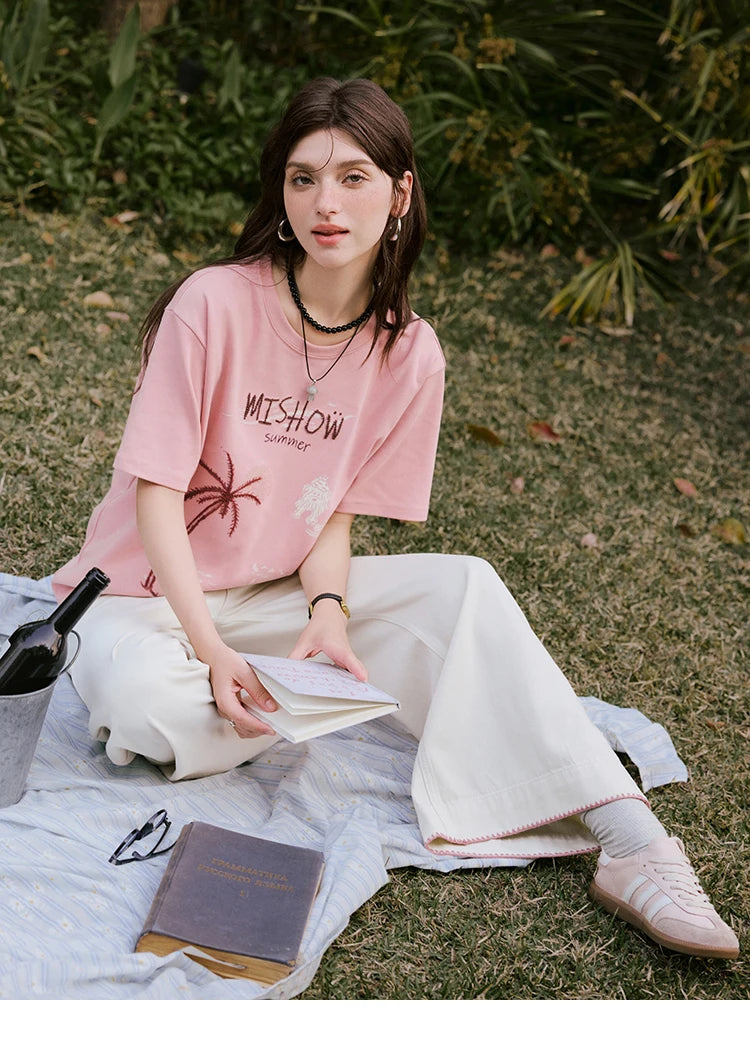 MISHOW Casual Print T-shirts Women 2025 Summer New Short Sleeve Round Neck Coconut Tree Pattern Shirt Woman Holiday MXE31T0516