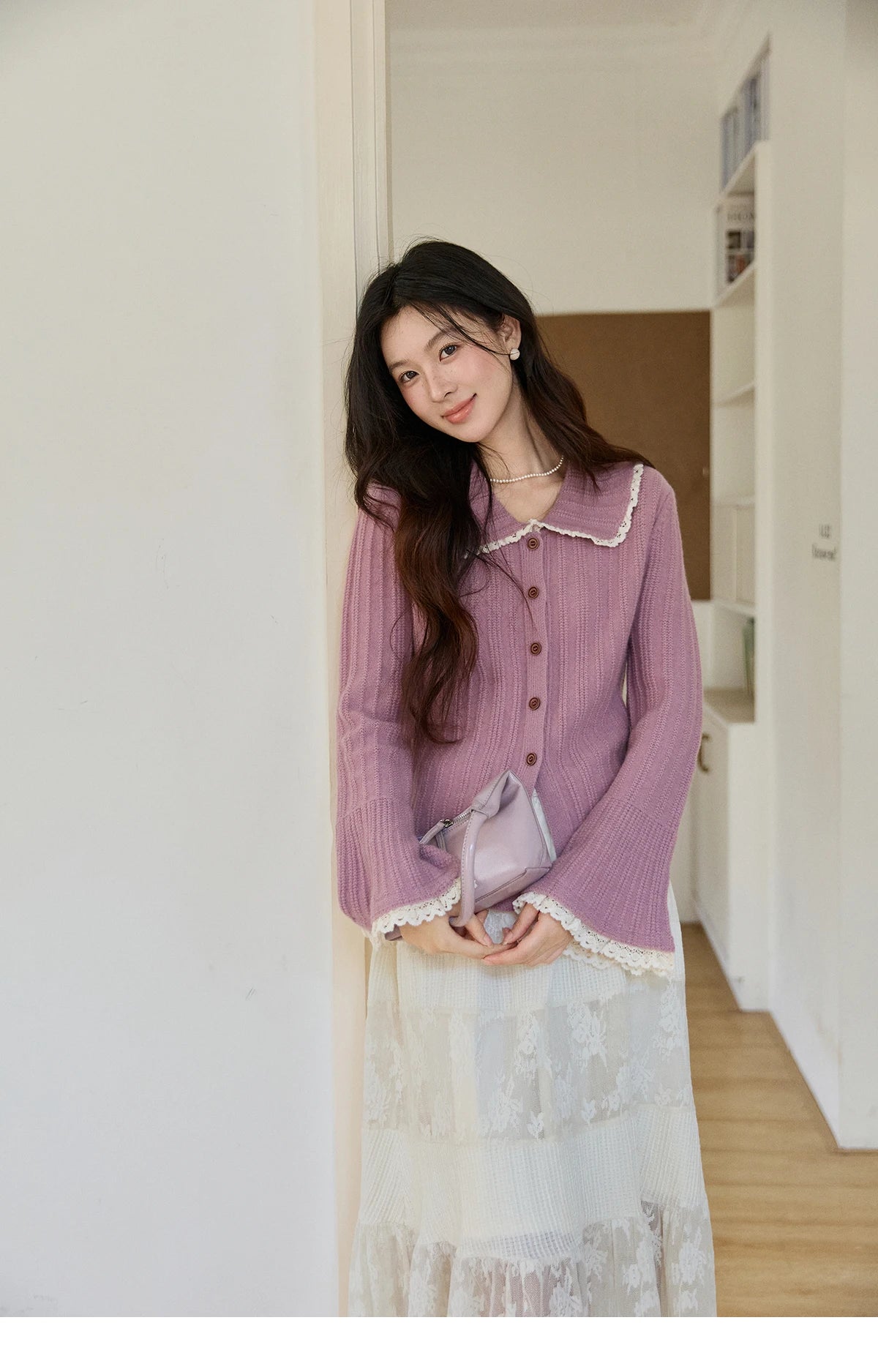 MISHOW Women's Lilac Flare Sleeve Knitted Cardigan 2026 Spring Peter Pan Collar Lace Trim Long Sleeve Slim Casual Top MXF11Z2994