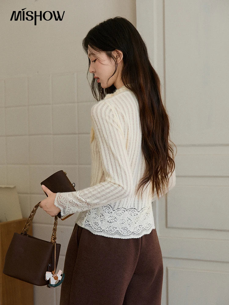 MISHOW French Lace-up Bottom Tops Women Autumn Winter 2025 Korean Vertical Stripe Knitted Top Thickened Interior Tops MXE92Z2797