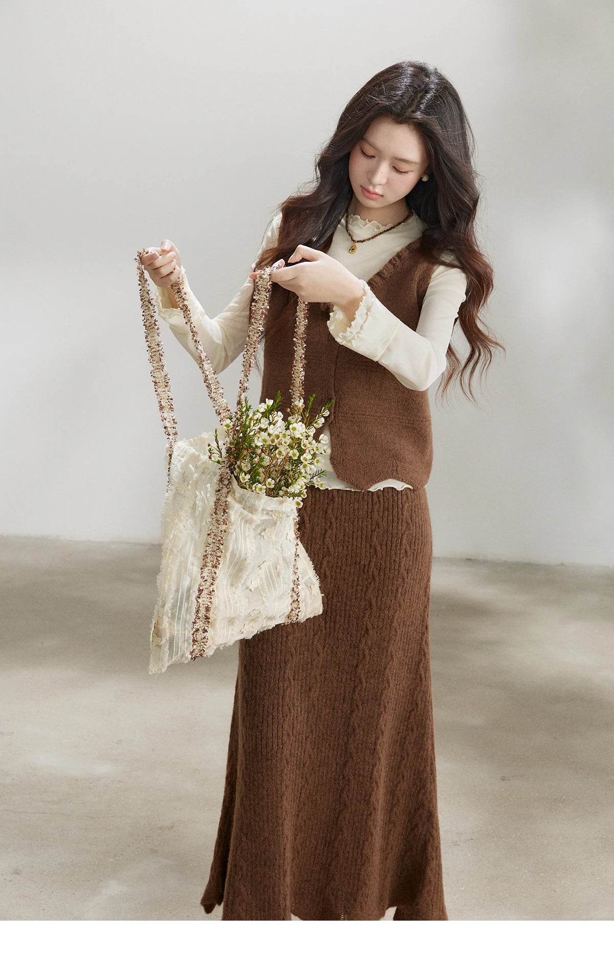 MISHOW Women's Brown Two-Piece Set 2026 Spring Knitted Vest V-Neck Cable Knit Maxi Skirt Casual Retro Warm Outfit MXF11T1460