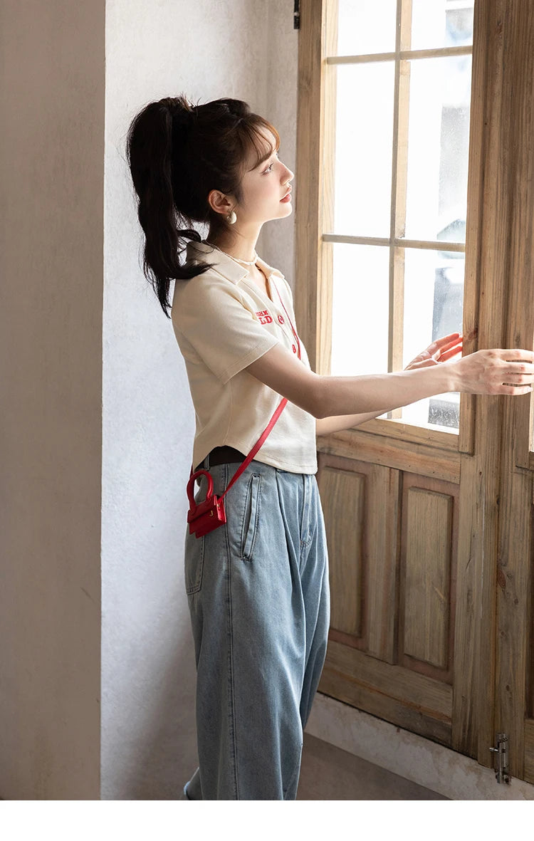 MISHOW Summer T-shirts for Women Korean Fashion Polo Collar Embroidery Letter Short Tops Harajuku Casual Solid Tees MXB32T0477