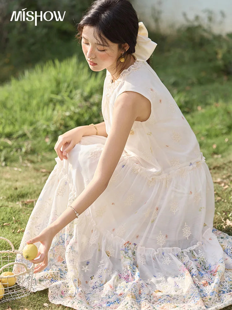 MISHOW Women's Fashion Sleeveless Print Dress 2025 Summer New Mushroom Edge O-Neck Lace Up Tassels Loose Midi Dresses MXE36L2253