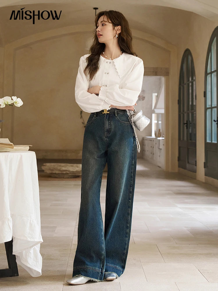 MISHOW American Retro Wide Leg Jeans Spring High Waist Slim Cotton Elastic Denim Straight Trouser Hem Tassels Pants MXD12K0538