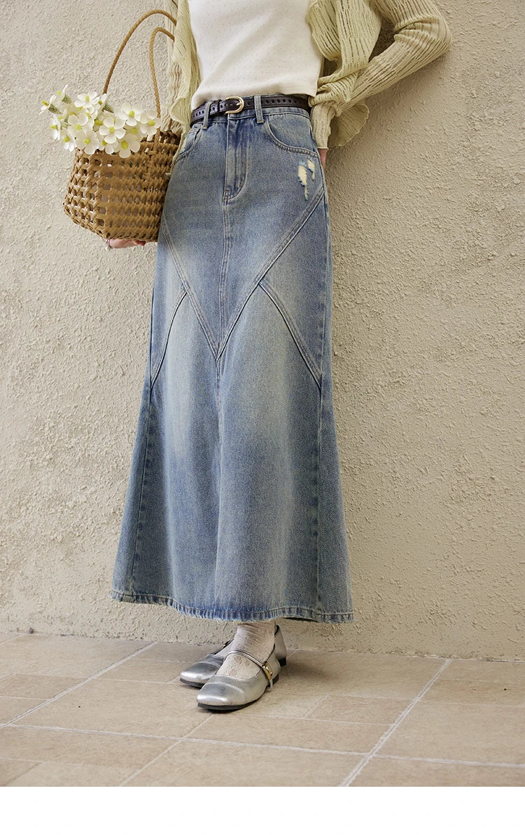 MISHOW Denim Skirt Women 2025 Spring Irregular Wash Denim Distressed Skirts Split Back Hem High Waist Commuter Skirt MXE14B0705