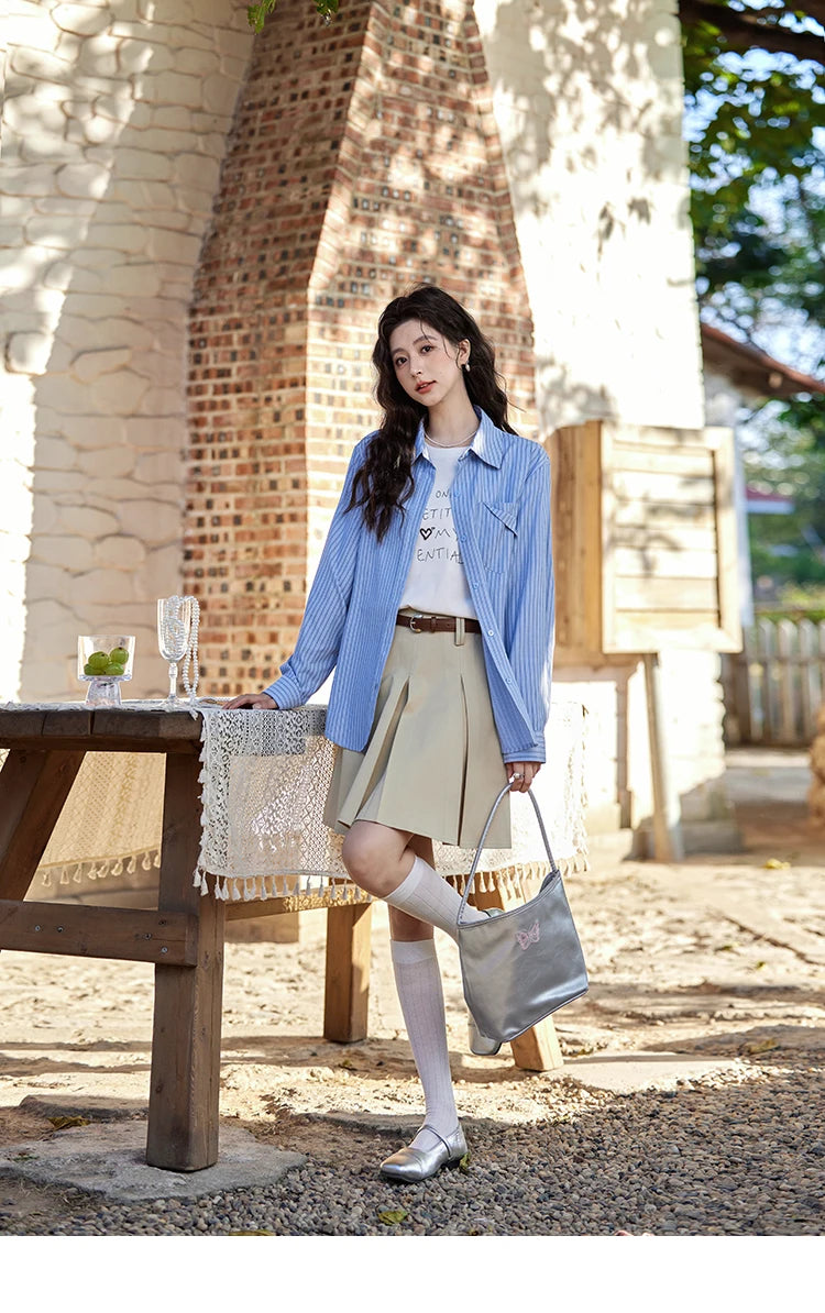 MISHOW Blue Striped Shirt for Women 2025 Spring Versatile Office Lady Tops Pocket Turn-down Collar Long-Sleeve Shirts MXE11C0399