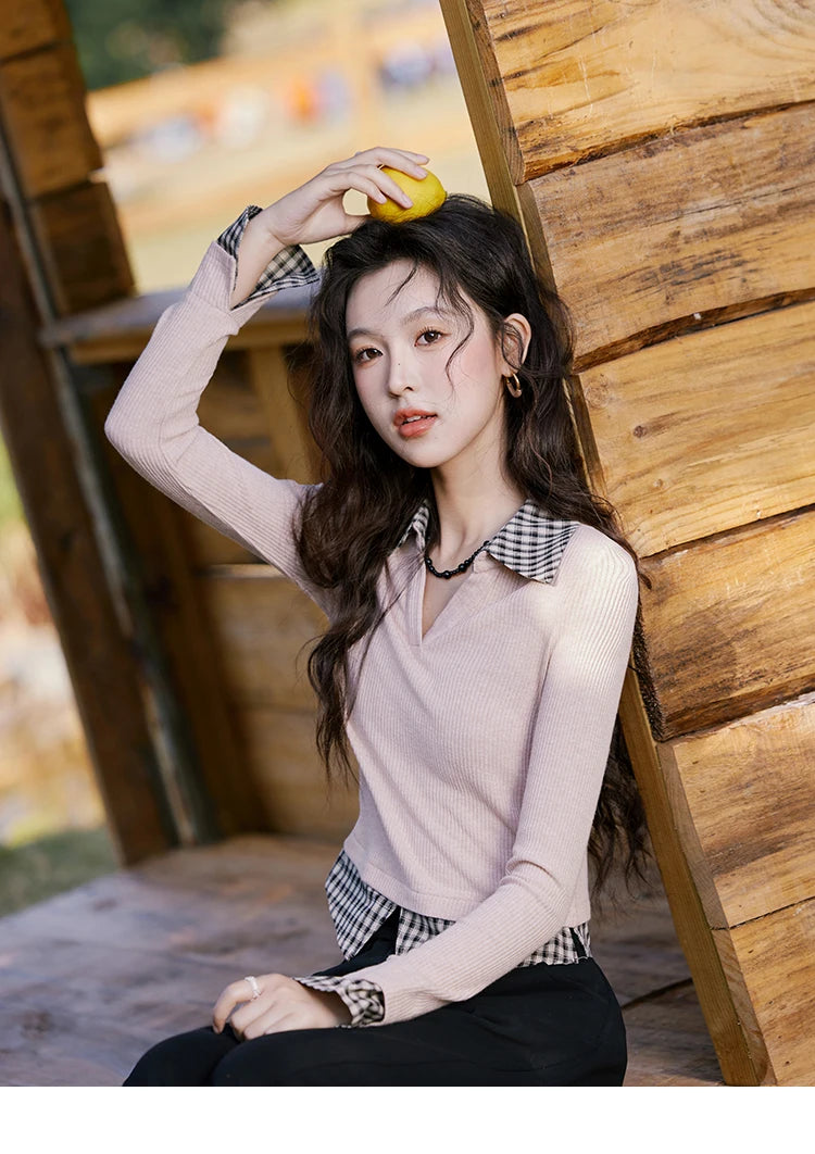 MISHOW Plaid Splicing Fake Two-piece Tops for Women Spring 2025 Contrasting Colors Slim Thin Top V-neck Casual Tees MXE13Z1108