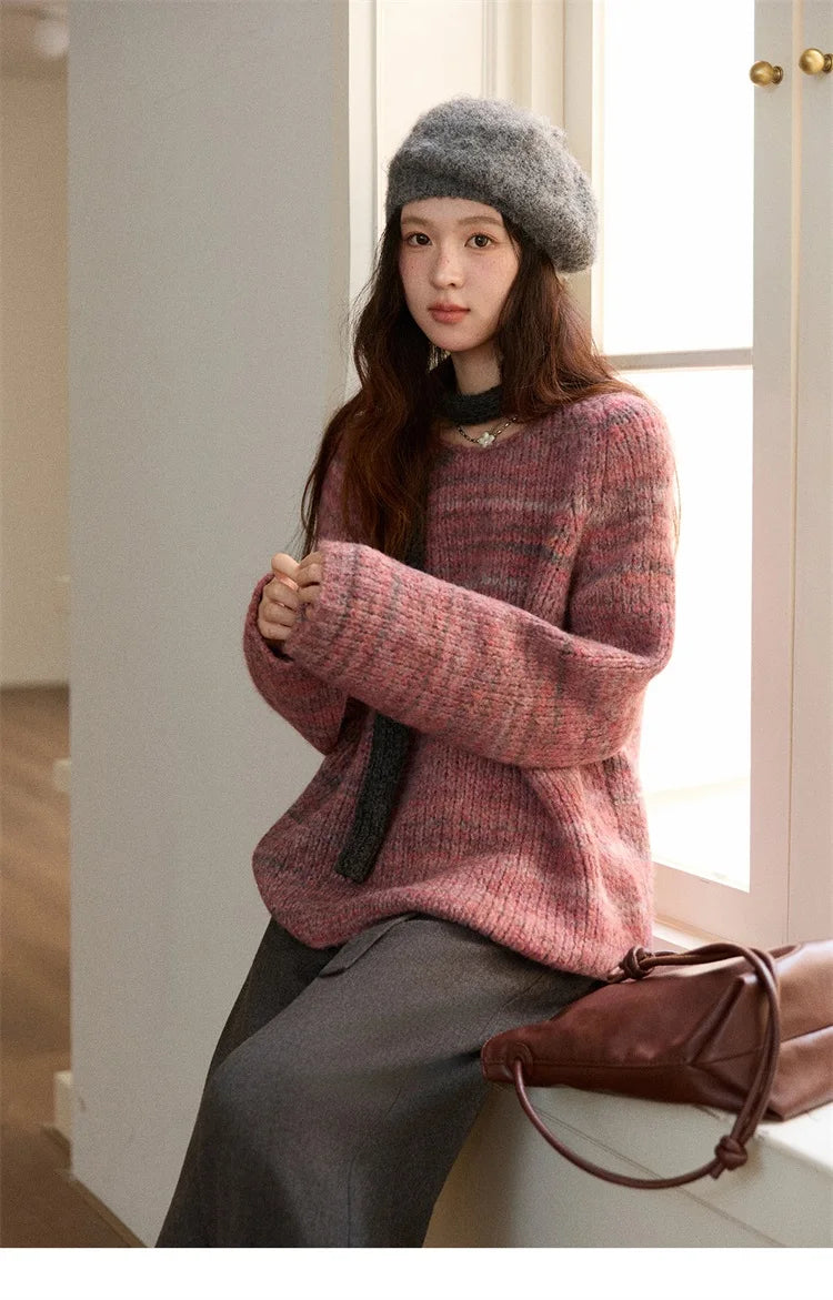 MISHOW Women's Blue Sweater 2025 Winter Fashion Loose Crew Neck Long Sleeve Pullover Pullovers Soft Versatile Top MXE86Z2733