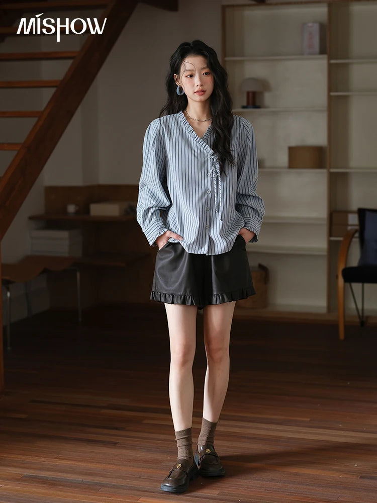 MISHOW Blue Striped Peach Skin Velvet V-neck Shirts for Women Autumn 2025 Asymmetrical Lace-up Commuting Casual Shirt MXE42X2472