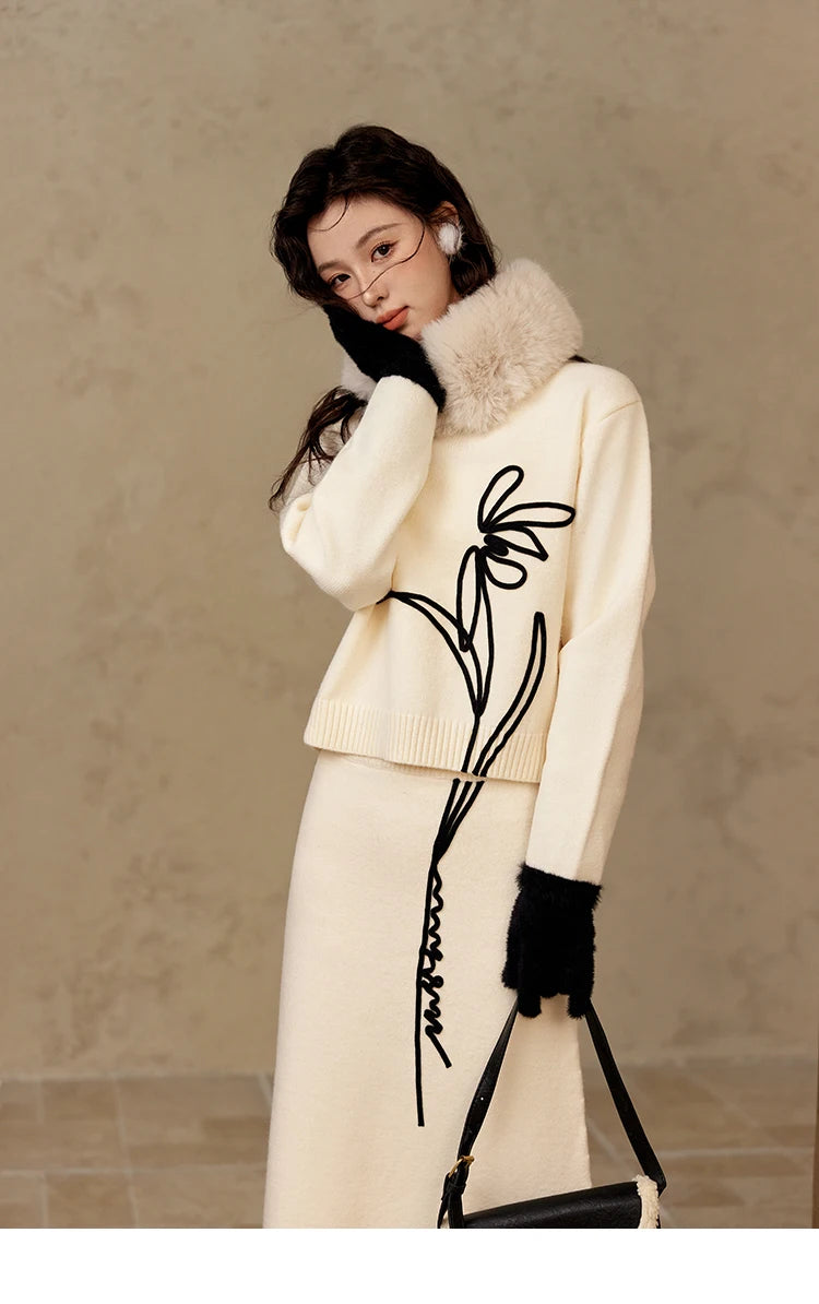 MISHOW French Skirt Sets Embroidery Spliced Contrast Color Two Piece Sets Women High Waist Midi Skirt Knitted Tops MXD57T0463