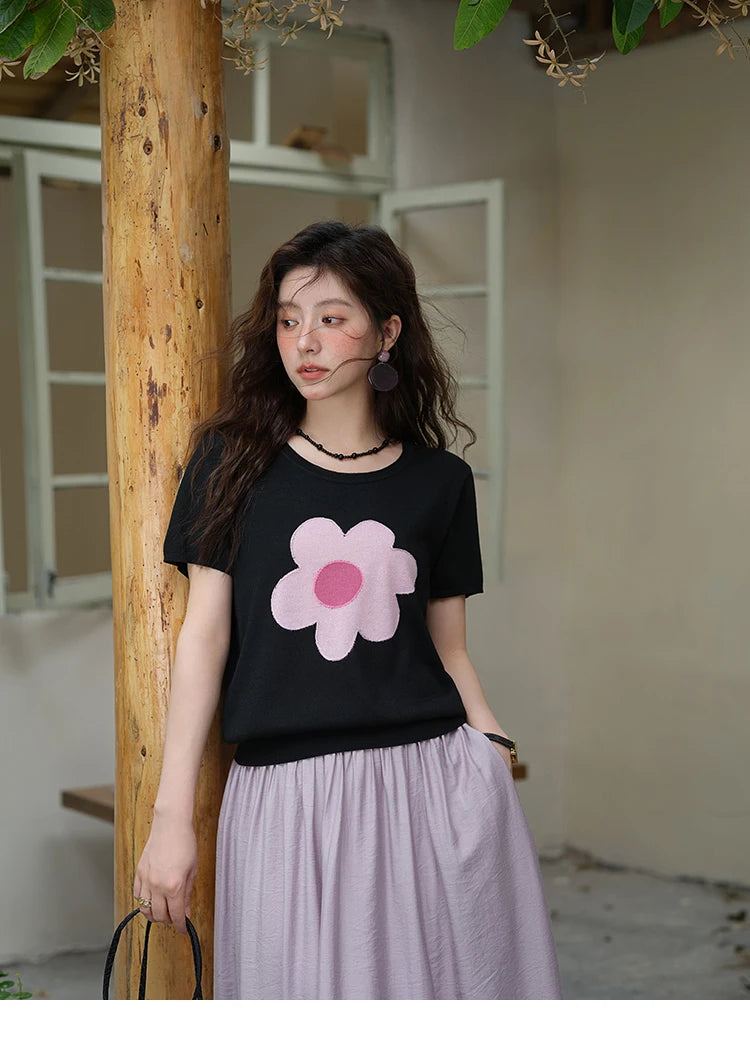 MISHOW Contrast Color Flower Knitted T-shirts for women 2025 Summer New Round Neck Top Women's Clothing Commute Tee MXE39Z1311