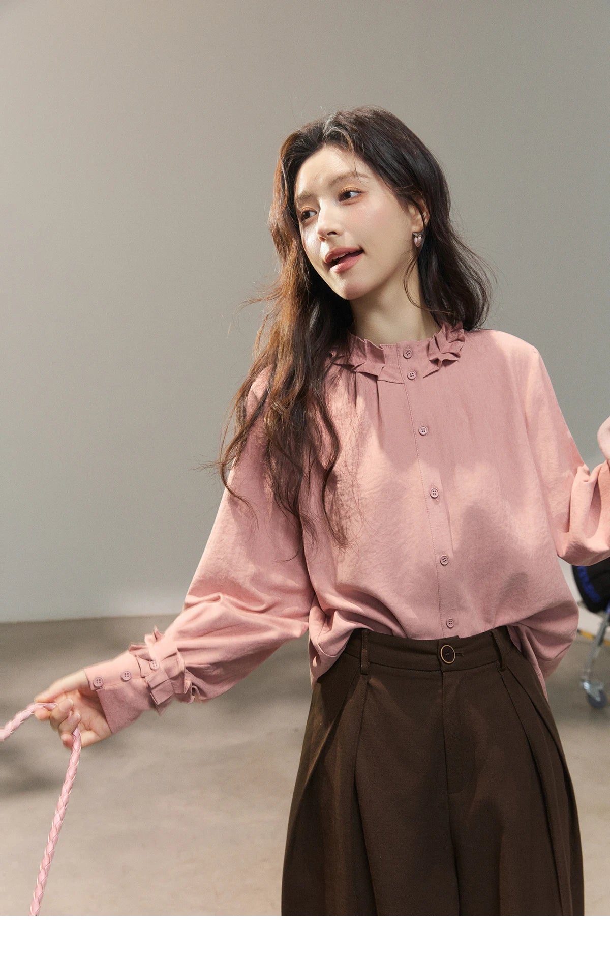 MISHOW Women's Peach Skin Solid Shirt 2026 Spring Ruffled Crew Neck Single-breasted Tops Casual Long Sleeve Shirts MXF11C2431