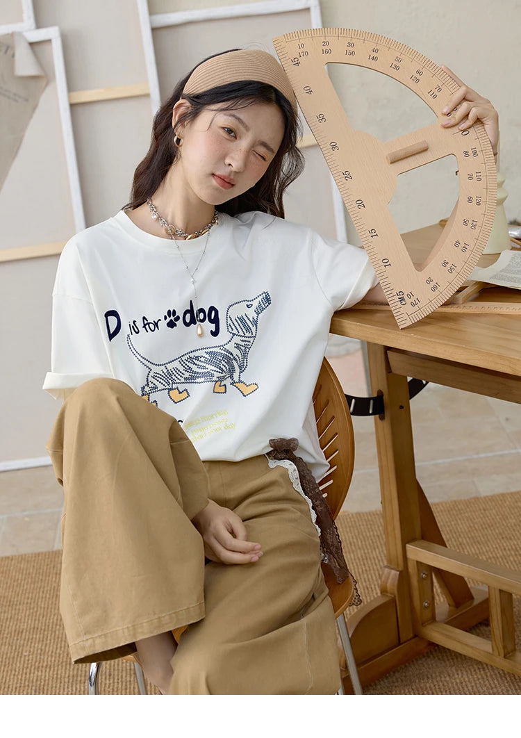 MISHOW Print Summer T-shirts Women 2025 Short Sleeve Round Neck Flocked Puppy Loose Shirt Female Casual Versatile Top MXE33T0542