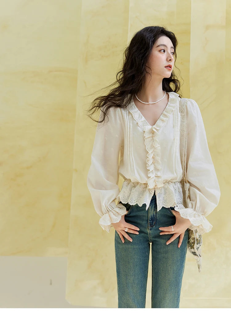 MISHOW Spring New French Shirts for Woman 2025 Long Sleeve V-neck Solid Loose Blouses Women Fashion Versatile Tops MXE14X1732