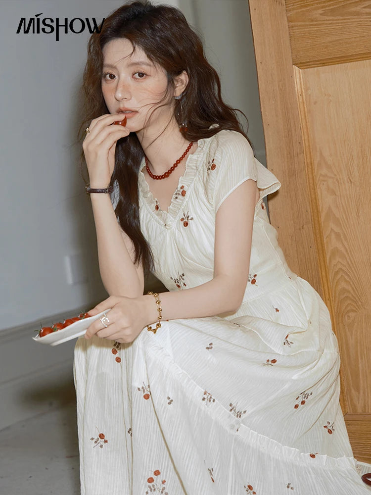 MISHOW Women's V-neck Chiffon Embroidery Dress 2025 Summer New Fashion Lace Splicing Print Dresses Women's Clothing MXE39L2382