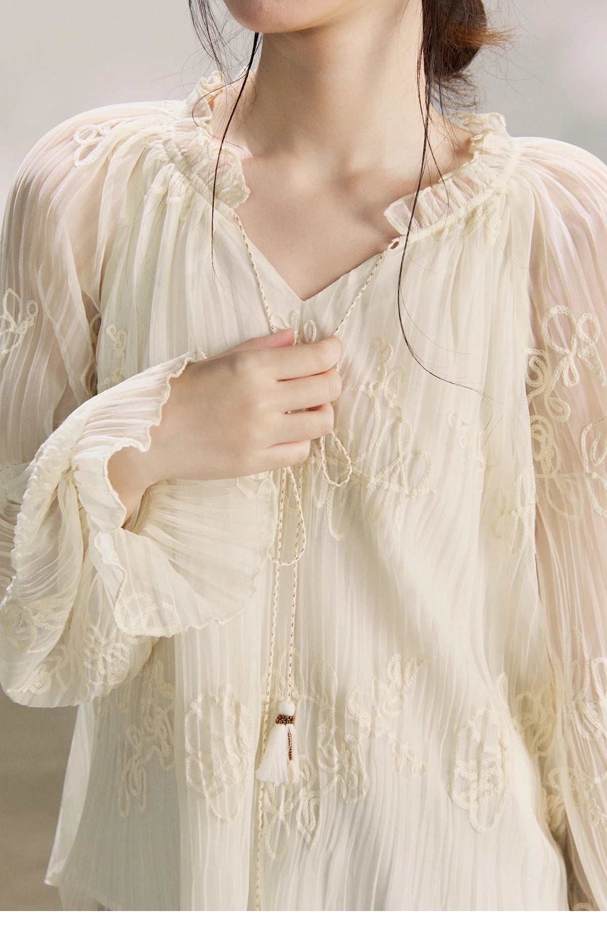 MISHOW Women's Tassel Tie Flower Embroidered Blouse 2026 Spring V-Neck Lantern Sleeves Top Casual Loose Sheer Blouses MXF13X2525