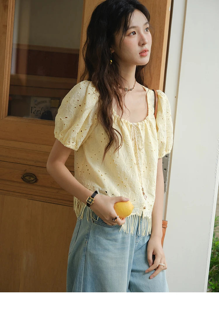 MISHOW Women's Fashion Hollow Out Blouse Summer 2025 Embroidery Puff Sleeve Square Collar Tassel Ladies Casual Top MXE37X1851
