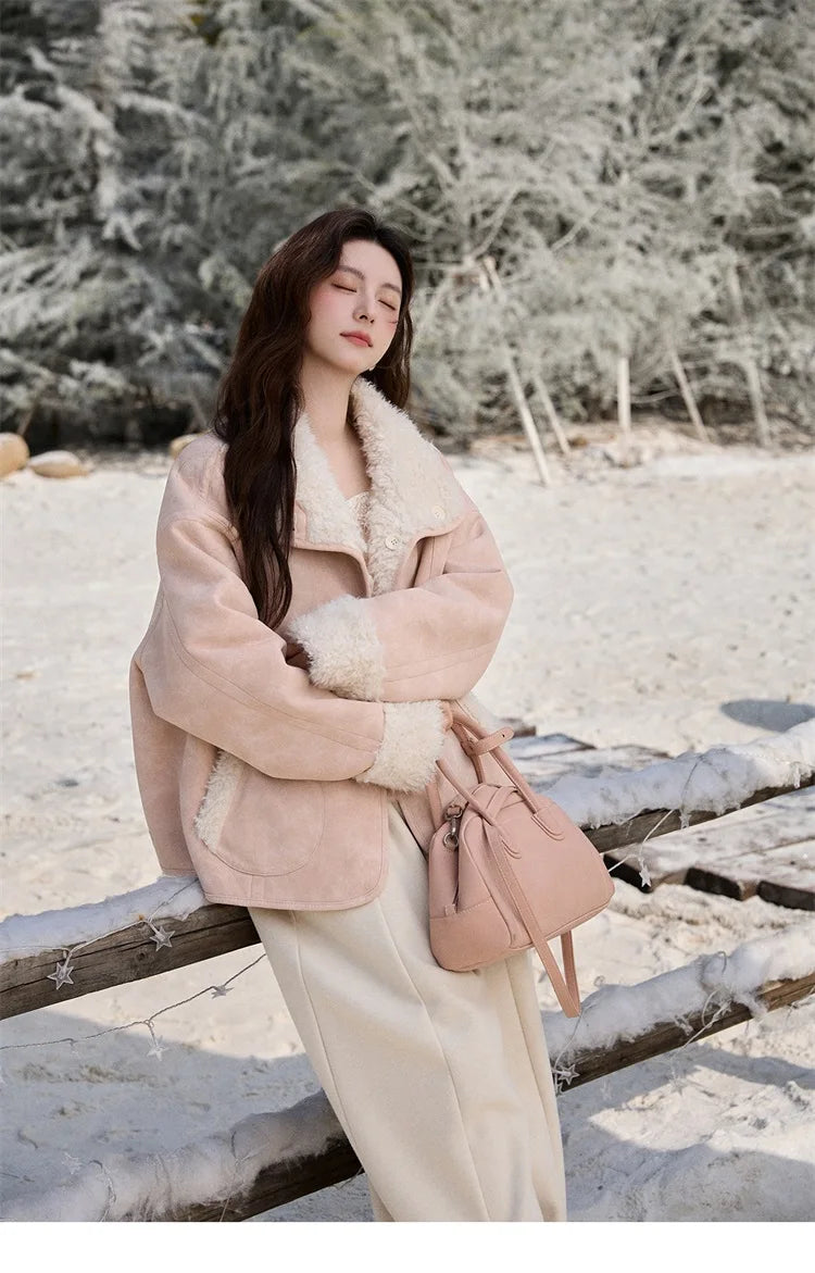 MISHOW Women's Double Sided Wearing Jacket 2025 Winter Lamb Wool Lapel Coat Warm Windproof Commuter Coat with Pockets MXE91W1015