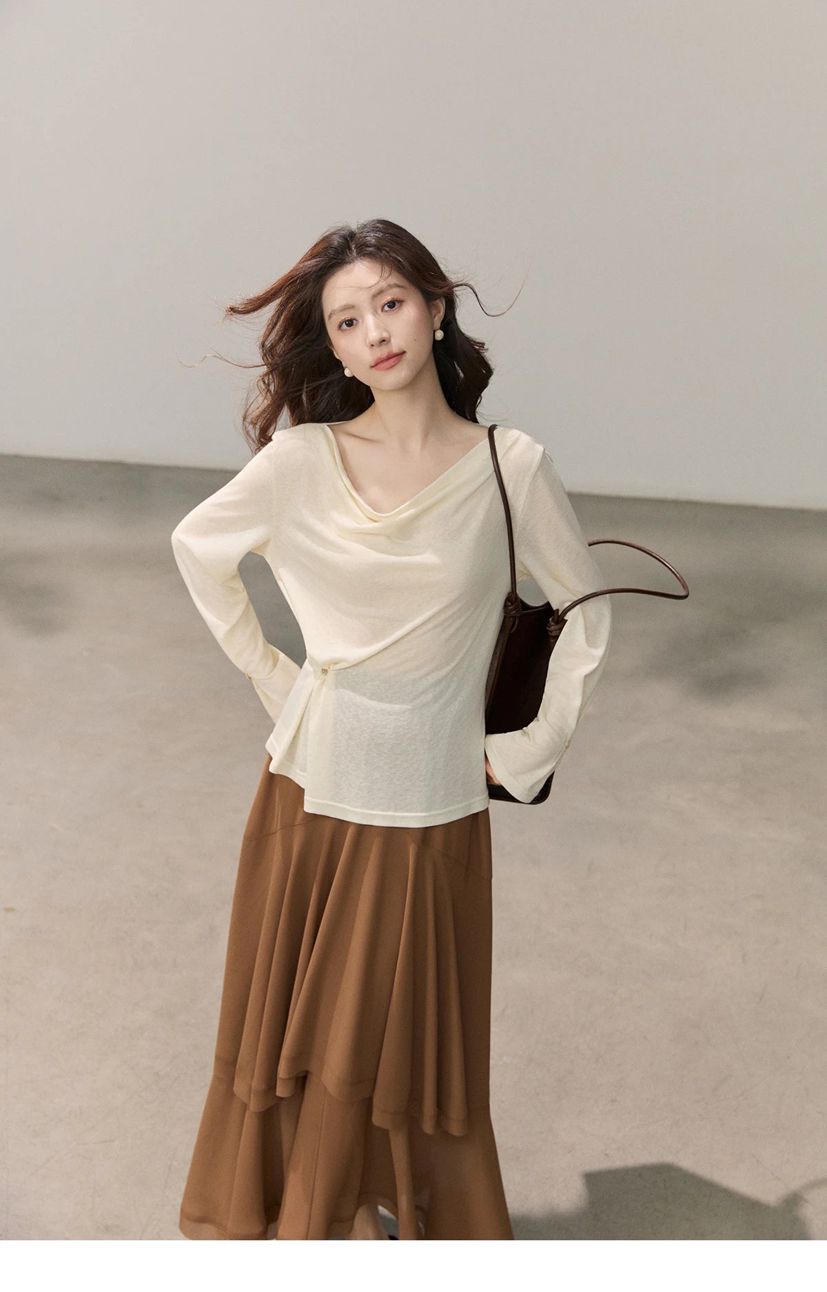 MISHOW Women's Multi Colored Knitted Top 2026 Spring Swinging Collar Flare Sleeve Top Side Twist Whist Casual T-Shirt MXF13T1473