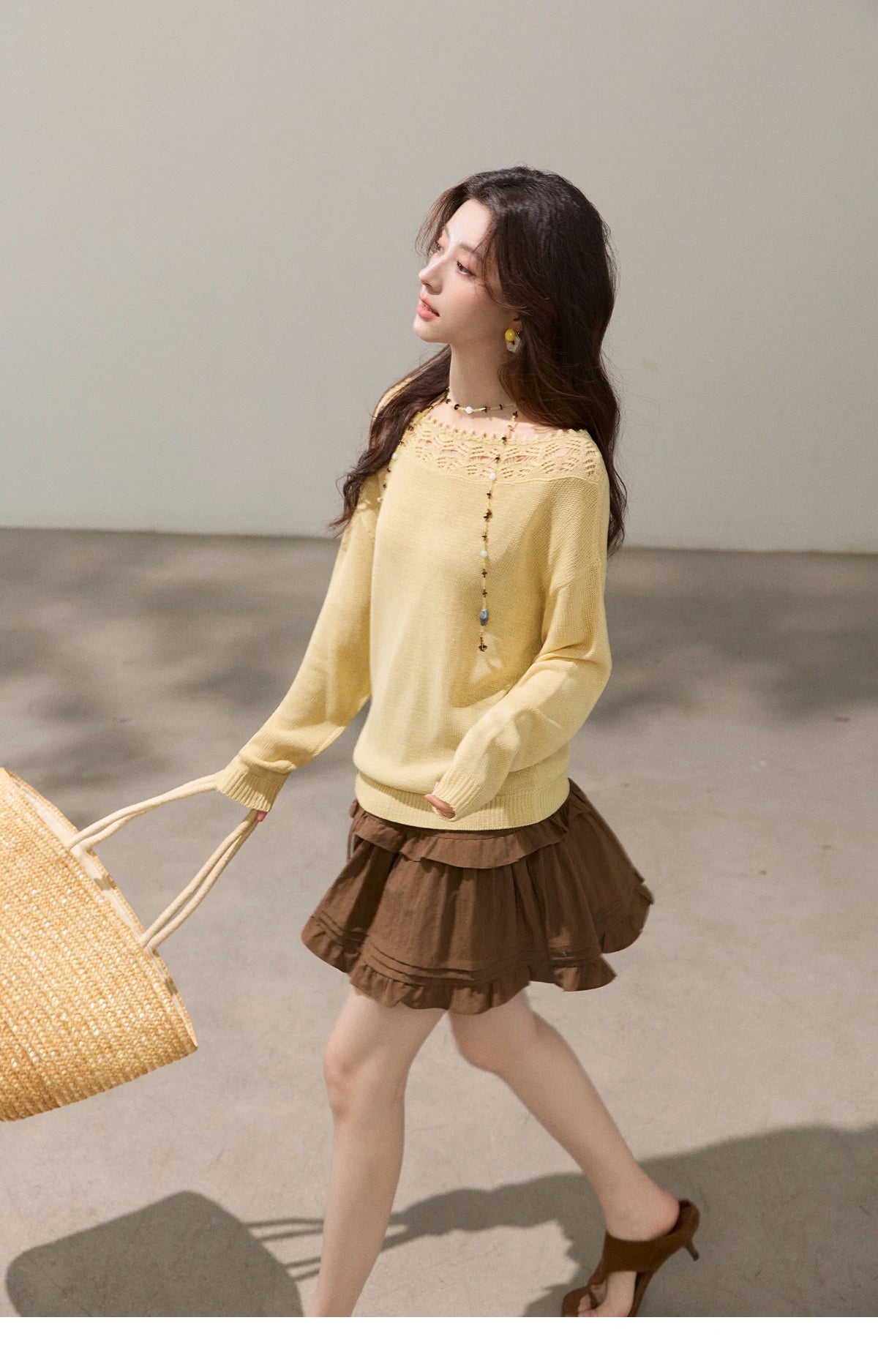 MISHOW Women's Hollowed Out Lace Trim Knit Tops 2026 Spring Boat Neck Long Sleeve Knitwear Casual Soft Yellow Sweater MXF15Z3050