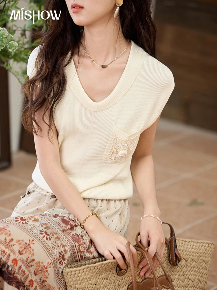 MISHOW Cool Knitted Short Sleeve T-shirt 2025 Summer V-neck Pocket Shell Lace Tops Casual Solid Raglan Sleeve Tees MXE34Z1265