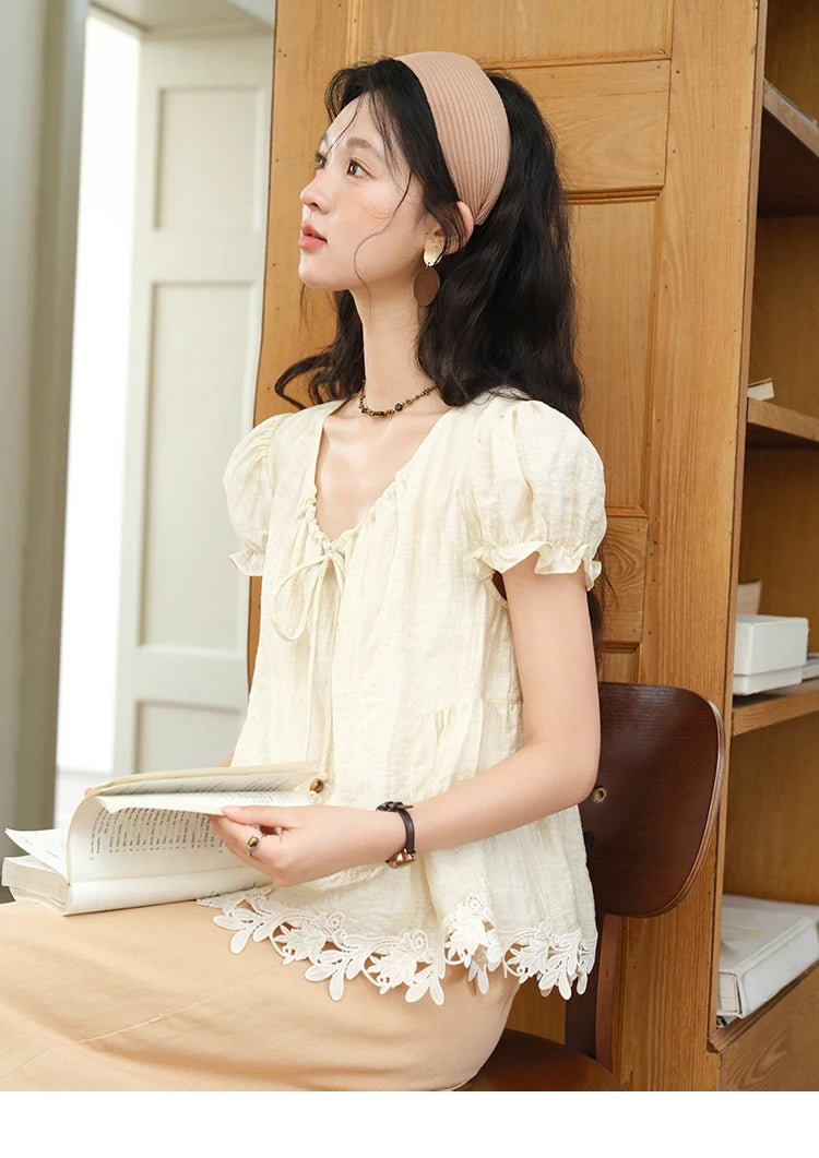 MISHOW Women's French Round Neck Lace Up Blouse 2025 Summer Embroidery Puff Sleeve Flower Spliced Commut Short Top MXE39X1956