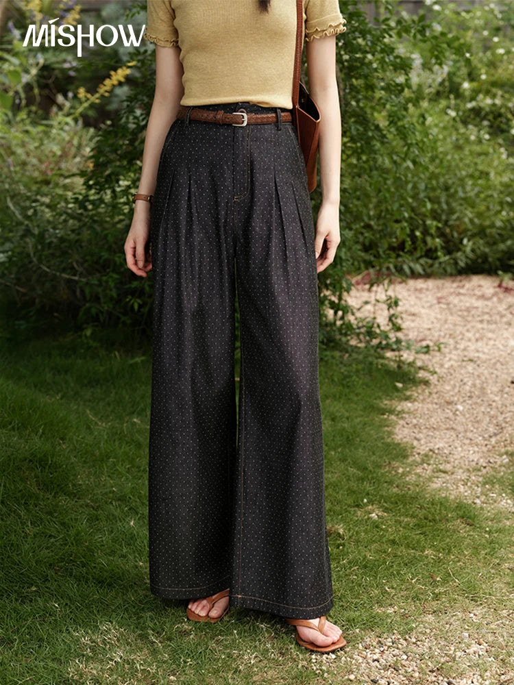 MISHOW Women's Fashion Polka Dot Pants Summer 2025 New High Waist Straight Pants Casual Button Zipper Wide Leg Jeans MXE38K0956