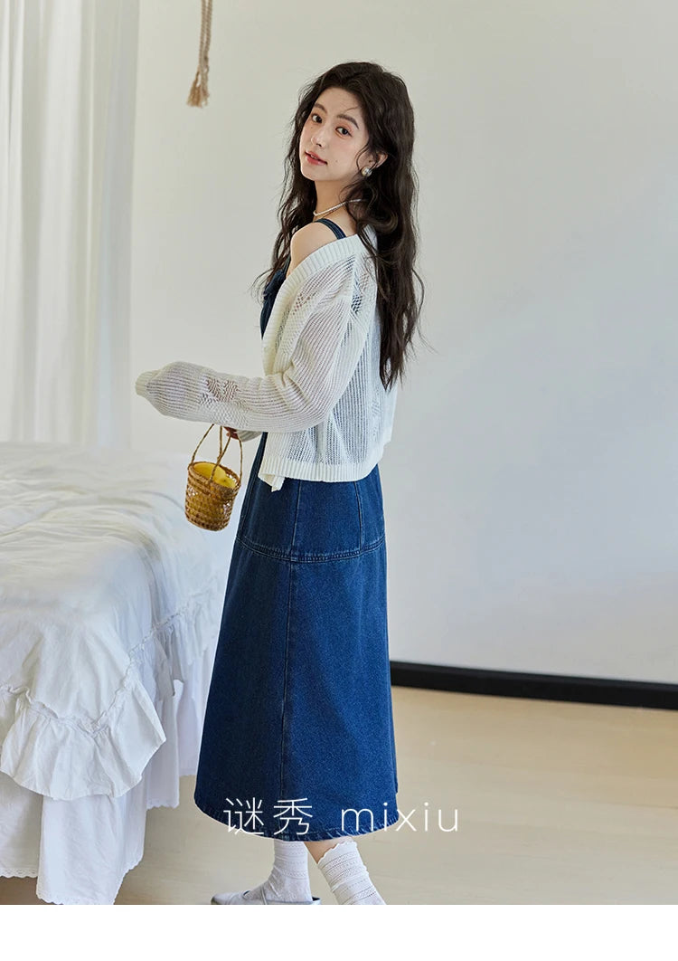 MISHOW Denim Camisole Dress Hollowed Out Cardigan Separately Spring Knitted Cardigan Lace Edge Waist Dress(Not A Set) MXE13L2094