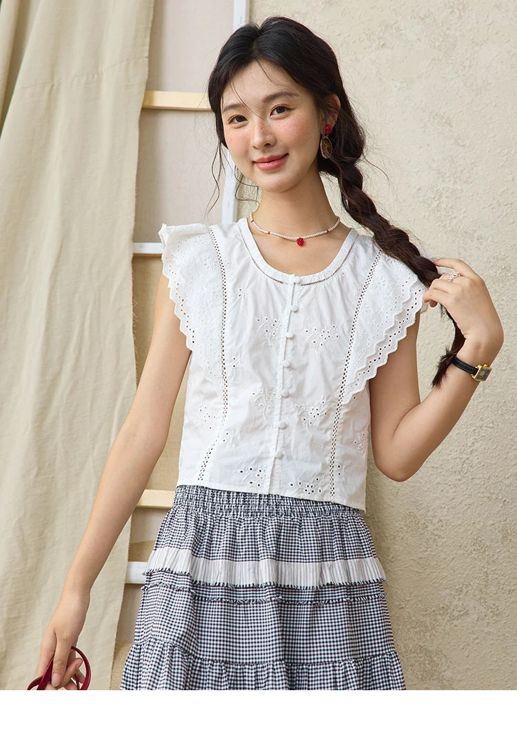 MISHOW Flying Sleeve Cotton Blouse Hollow Lace Slim Waist MXE36X1844