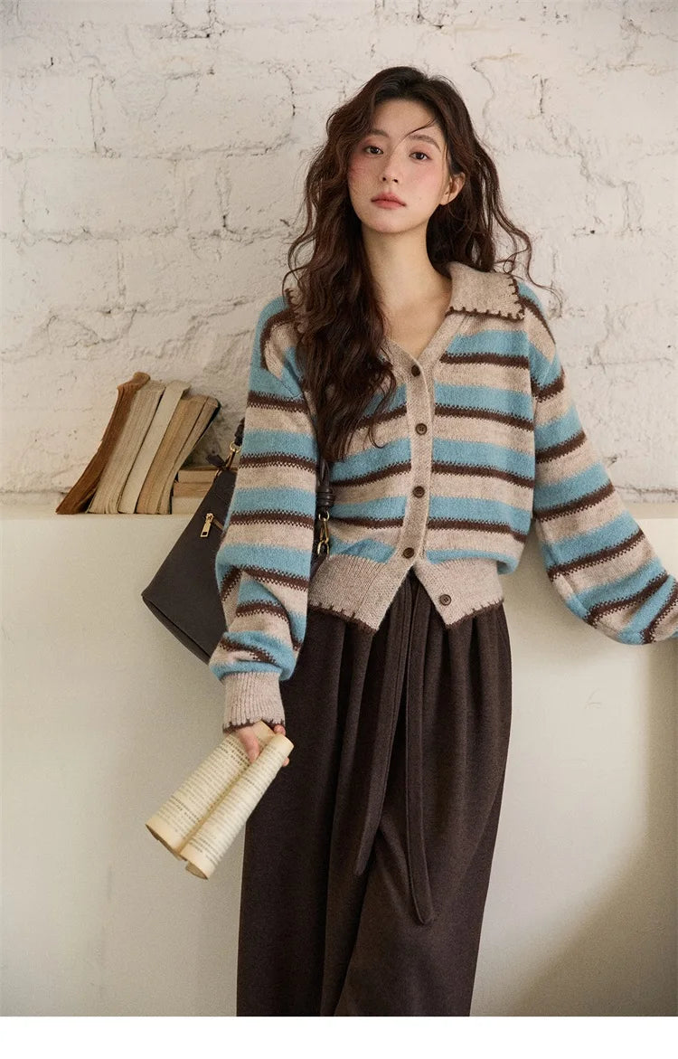 MISHOW Striped Cardigan for Women 2025 Winter Retro Unique Design V-neck Single-breasted Sweater Wool Long Sleeve Top MXE87Z2681