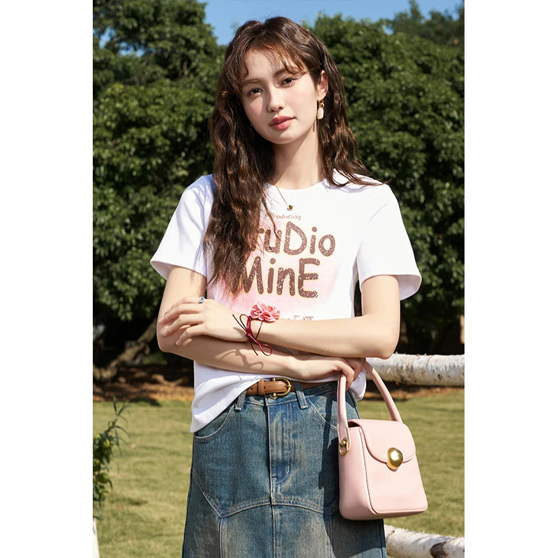 MISHOW Letter Print Short Sleeve T-shirt for Women 2024 Spring Summer New Loose Casual Tshirt Woman Crew Neck Tee Top MXD13T0164
